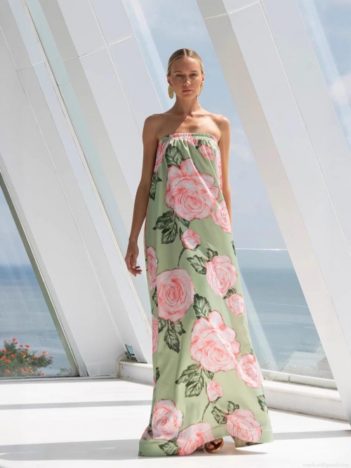 Women Sexy Backless Tube Top Maxi Dress Elegant Gathered Patchwork Floral Printed Knitted Satin Long Dress For Summer Party Vacation Ladies Clothing