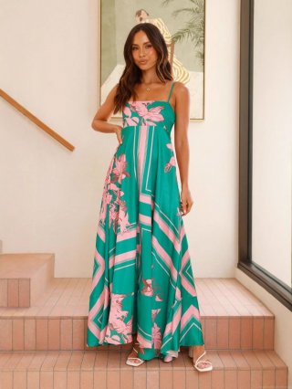 Women Floral Print Spaghetti Strap Maxi Dress With Pockets Summer Vacation Backless High Waist A-Line Swing Long Sundress For Women
