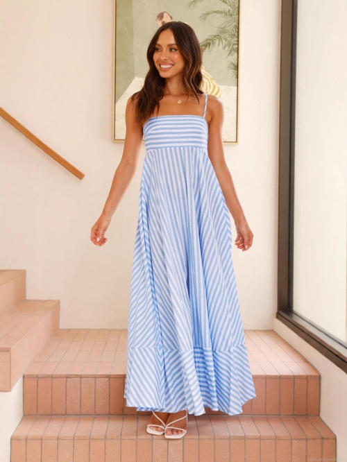 Women's Blue and White Striped Strappy Maxi Dress Sexy Backless Large Swing A-Line Sundress For Summer Vacation Beach Party