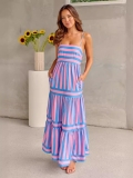 Women's Striped Tiered Maxi Dress Spaghetti Strap Backless Boho Long Sun Dress With Pockets Polyester Spandex Summer Elegant Beachwear
