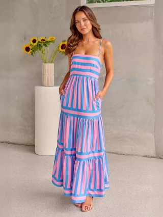 Women's Striped Spaghetti Strap Maxi Dress Elegant Polyester Spandex Backless Tiered Layered Sun Dress With Pockets For Summer Beach Vacation Party