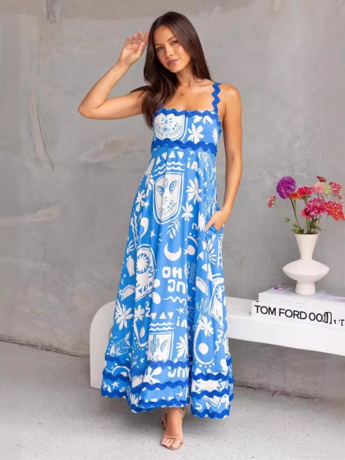Women's Summer Printed Camisole Maxi Dress Polyester Spandex Blend Mediterranean Style Tequila Lettering Wave Edge High Waist Long Dress With Pockets For Vacation Beach Party