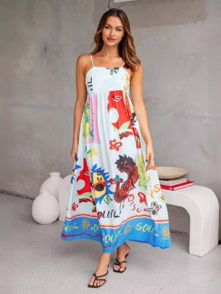 Sexy Spaghetti Strap Maxi Dress Elegant Polyester Graffiti Print Lace-Up Backless Big Hem Long Dress For Summer Vacation Resort Women