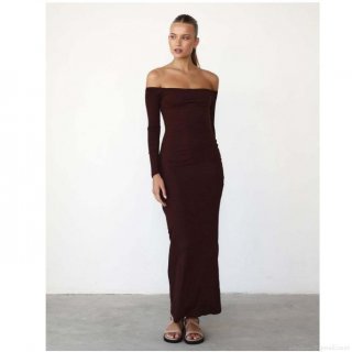 Women's Sexy Off-The-Shoulder Long Sleeve Maxi Dress Slim Fit Solid Color High Stretch Polyester Spandex Bodycon Long Gown For Party Evening Elegant Lady
