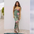 Women Baroque Floral Print Spaghetti Strap Maxi Dress Slim Fit V Neck Sleeveless Spaghetti Strap Long Sundress For Summer Vacation Beach Party