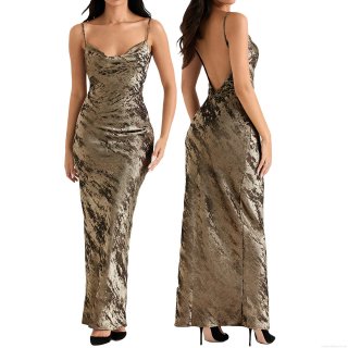 Women Sexy Backless Maxi Dress Metallic Spaghetti Strap Cowl Neck Slim Fit Ruched Party Evening Long Bodycon Dress With Metallic Velvet Fabric