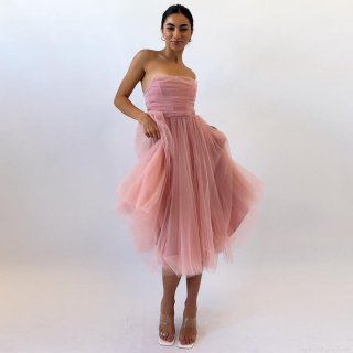 Women's Sexy Pink Strapless Mesh Corset Dress Elegant A-Line Maxi Evening Gown For Birthday Party Banquet Formal Wear Sleeveless Mesh Tulle Robe