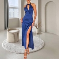 Women's Royal Blue Satin Halter Neck Maxi Dress Sexy Backless High Slit Elegant Sleeveless Long Evening Party Gown