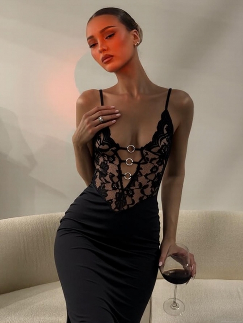 Women's Sexy Lace Maxi Dress Metal Ring Splicing Slim Fit Evening Party Bodycon Camisole Elegant Sleeveless Long Dress