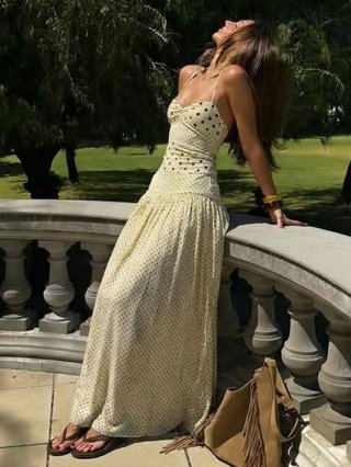 Summer Women's Halter Polka Dot Maxi Dress Vintage Backless Pleated A-Line Long Dress Polyester Spandex Elastic Sun Dress For Vacation Beach Party