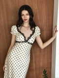 French Vintage Polka Dot Maxi Dress Lace V Neck Puff Sleeve Backless Tie Up Elegant Summer Long Dress for Women Party Vacation