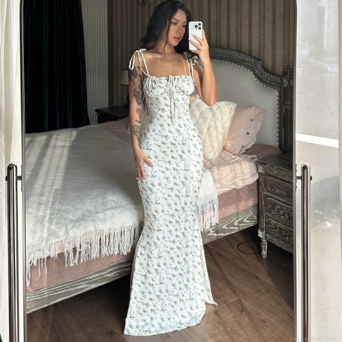 Women Sexy Floral Print Slip Maxi Dress Elastic Polyester Spandex Slim Fit Mermaid Hem Backless Long Sun Dress For Vacation Summer Party