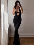 Women Sexy Deep V Neck Cutout Maxi Dress Sleeveless Slim Fit Fishtail Bodycon Party Banquet Evening Long Dress Polyester Spandex Blend Solid Color Elegant Summer Gown