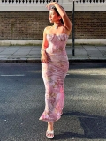 Women Sexy Pink Floral Print Halter Corset Maxi Dress Bodycon Slim Fit Strappy Backless Long Dress For Summer Party Vacation Streetwear Polyester Spandex