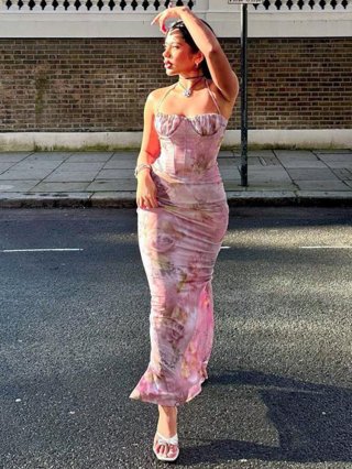 Women Sexy Pink Floral Print Halter Corset Maxi Dress Bodycon Slim Fit Strappy Backless Long Dress For Summer Party Vacation Streetwear Polyester Spandex