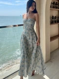 Elegant Blue Floral Cami Maxi Dress For Women Sweet French V Neck High Stretch Bustier Slim Fit A-Line Summer Beach Vacation Long Dress