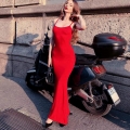 Women Sexy Spaghetti Strap Maxi Dress Bodycon Slim Fit High Waist Solid Color Polyester Spandex Summer Party Night Out Dress