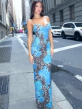 Women Sexy Leopard Blue Floral Print Maxi Dress Adjustable Sling V-Neck Slim Fit Long Dress Street Style Vacation Summer Party Sleeveless Spliced Sundress