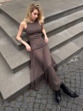 Women Sleeveless Round Neck Maxi Dress Ruched Ruffle Slim Fit Street Style Solid Color Summer Vacation Polyester Spandex Long Dress for Ladies