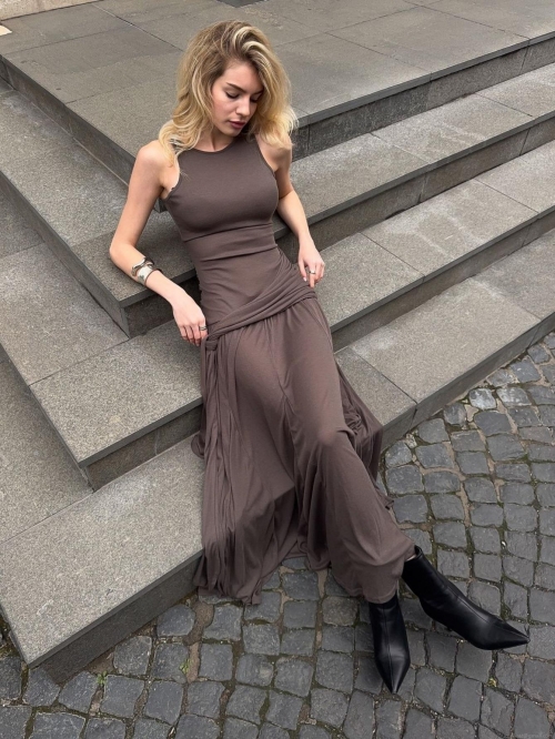 Women Sleeveless Round Neck Maxi Dress Ruched Ruffle Slim Fit Street Style Solid Color Summer Vacation Polyester Spandex Long Dress for Ladies