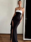 Women's Elegant Bandeau Maxi Dress Contrast Color Pleated High Split Slim Fit Tube Top Evening Party Gown 95% Polyester 5% Spandex Floor Length Sleeveless Formal Dress