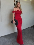 Women Sexy Off Shoulder Ruffle Trim Maxi Dress Elegant Solid Color Tie Front Slim Fit Polyester Spandex Evening Party Bodycon Dress