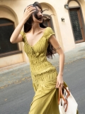 French Style Women Sexy V Neck Smocked Maxi Dress Ruffle Sleeve Ruched Slim Fit Viscose Polyester Blend Summer Vacation Party Long Dress