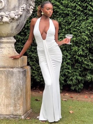 Sexy Halter Neck Backless Slim Fit Ruched Maxi Dress Polyester Spandex Hollow U-Neck Spliced Wrap Bodycon Long Evening Party Dress For Women