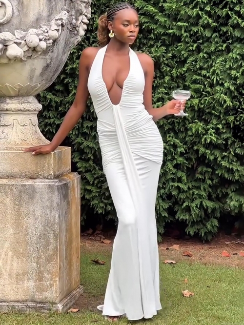 Sexy Halter Neck Backless Slim Fit Ruched Maxi Dress Polyester Spandex Hollow U-Neck Spliced Wrap Bodycon Long Evening Party Dress For Women