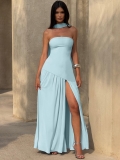 Women Elegant Strapless Backless Maxi Dress with High Slit and Neck Scarf Solid Color Slim Fit Evening Party Dress Polyester Spandex Blend