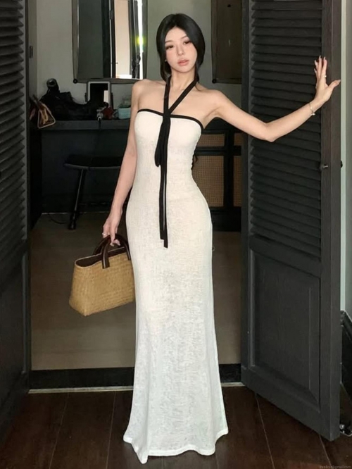 Women Sexy Halter Neck Maxi Dress Polyester Spandex Ribbed Knit Black Tie Backless Slim Fit Sleeveless Long Dresses Summer Elegant White Sun Dress