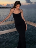 Women Sexy Halter Neck Backless Slim Fit Maxi Dress Solid Color Sleeveless Rayon Spandex Summer Vacation Elegant Long Dress