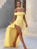 Summer Sexy Yellow Strapless Off-Shoulder Maxi Dress Spliced Streamer Slim Fit High Slit Polyester Spandex Evening Gown Vacation Party Wear For Women