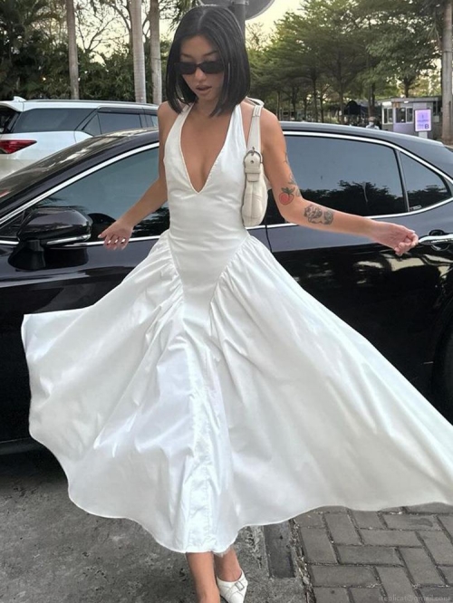 Women Halter Neck Deep V Backless Maxi Dress Sexy Hollow Out High Waist Big Swing Resort Party Jumpsuit Wide Leg Romper 95% Polyester 5% Spandex Solid Plaid