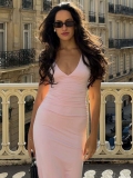 Women's Sexy Deep V-Neck Backless Maxi Dress Elegant Pink Sleeveless Pleated Bodycon Slim Fit Party Evening Long Dress