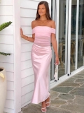 Women Sexy Off-Shoulder Ruched Maxi Dress Polyester Satin Mesh Splicing Backless Slim Fit Evening Party Long Dress Pink Blue