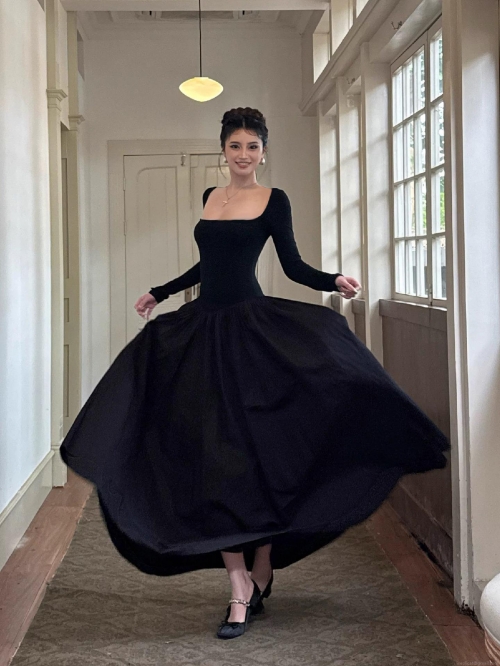 French Audrey Hepburn Style Long Sleeve Dress Elegant Polyester Square Neck Backless Cross Tie Slim Fit Maxi Dress For Women Party Dating Evening