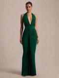 Women's Sexy Deep V Neck Halter Maxi Dress Ruched Backless Slim Fit Bodycon Evening Party Long Dress Solid Green Milk Silk Fabric Elegant Clubwear