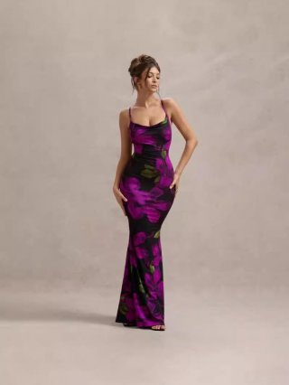 Women's Sexy Purple Floral Print Cowl Neck Maxi Dress Cross Back Slim Fit Sleeveless Polyester Elastane Long Dress For Party Club Night Vacation