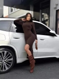 Women Sexy Bodycon Maxi Dress Long Sleeve Mock Neck High Slit Elegant Solid Color Polyester Elastane Party Club Dress
