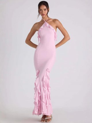 Women Sexy Halter Neck Backless Maxi Dress Milk Silk Ruffle Pleated Mermaid Evening Gowns Elegant Formal Party Dress For Women Bodycon Silhouette
