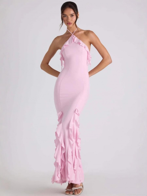 Women Sexy Halter Neck Backless Maxi Dress Milk Silk Ruffle Pleated Mermaid Evening Gowns Elegant Formal Party Dress For Women Bodycon Silhouette