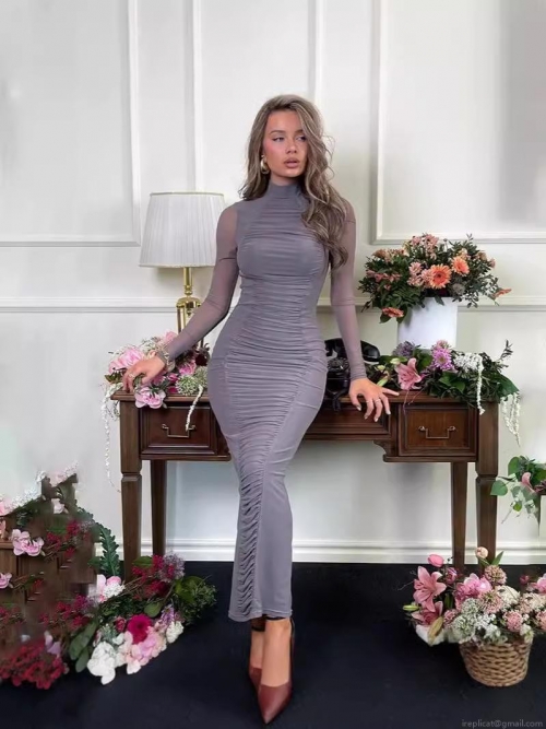 Sexy Women's High Neck Ruched Bodycon Maxi Dress Milk Silk And Mesh Splicing Long Sleeve Slim Fit Elegant Evening Party Clubwear Bodycon Dress