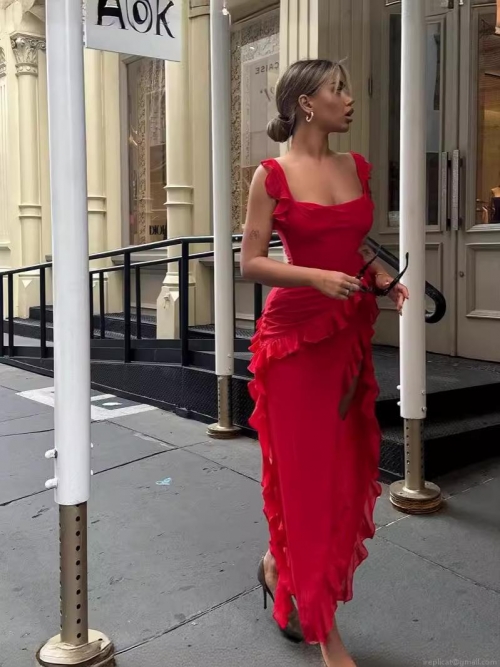 Women's Sexy Spaghetti Strap Square Neck Ruffled Maxi Dress High Slit Milk Silk Mesh Slim Fit Bodycon Party Evening Dress Summer Clubwear