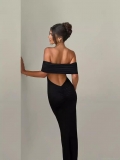 Sexy Off Shoulder Backless Maxi Dress Women Ruched Bodycon Evening Party Long Gown Polyester Elastane Elegant Summer Clubwear Solid Color