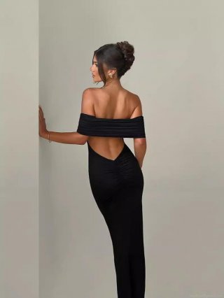 Sexy Off Shoulder Backless Maxi Dress Women Ruched Bodycon Evening Party Long Gown Polyester Elastane Elegant Summer Clubwear Solid Color