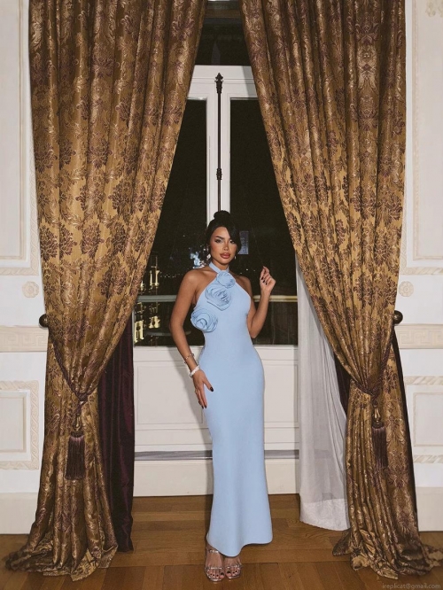 Women Sexy Halter Backless Maxi Dress With 3D Flower Decoration Slit Hem Bodycon Milk Silk Long Dress For Party Evening Clubwear