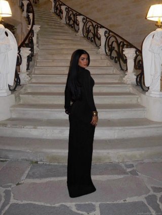 Women's Sexy High Neck Long Sleeve Bodycon Maxi Dress Milk Silk Fabric With 3D Flower Hollow Out High Slit Celebrity Evening Party Gown Polyester Elastane