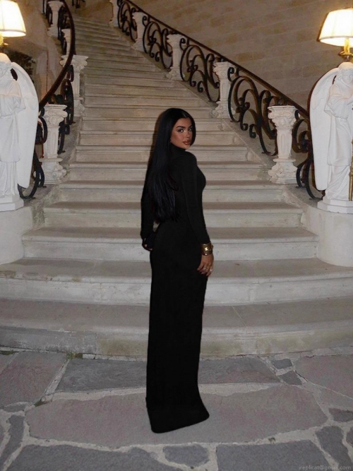 Women's Sexy High Neck Long Sleeve Bodycon Maxi Dress Milk Silk Fabric With 3D Flower Hollow Out High Slit Celebrity Evening Party Gown Polyester Elastane