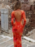 Women's Sexy Backless Mesh Maxi Dress Long Sleeve Abstract Tie Dye Print Bodycon Clubwear Party Dress Slim Fit Ankle Length Vacation Outfits